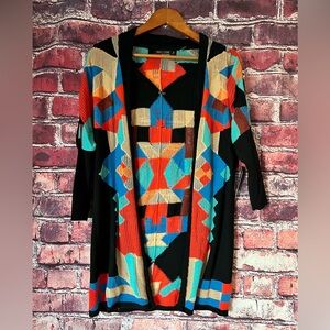 NIC+ZOE Black Open Front Geometric Cardigan Red Turquoise Aztec NWT Size PS